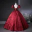 Demure Burgundy Beading Lace Flower Printing Prom Dresses Ball Gown 2025 Square Neckline Puffy Short Sleeve Backless Floor-Length / Long Prom Formal Dresses