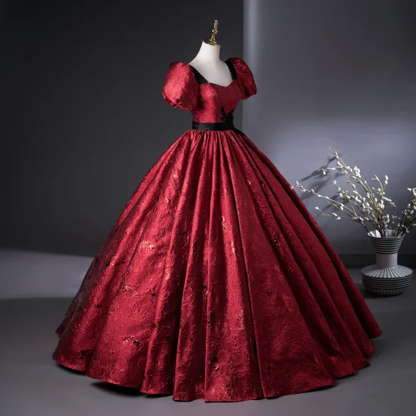 Demure Burgundy Beading Lace Flower Printing Prom Dresses Ball Gown 2025 Square Neckline Puffy Short Sleeve Backless Floor-Length / Long Prom Formal Dresses