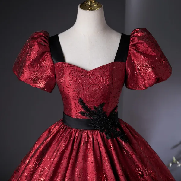 Demure Burgundy Beading Lace Flower Printing Prom Dresses Ball Gown 2025 Square Neckline Puffy Short Sleeve Backless Floor-Length / Long Prom Formal Dresses