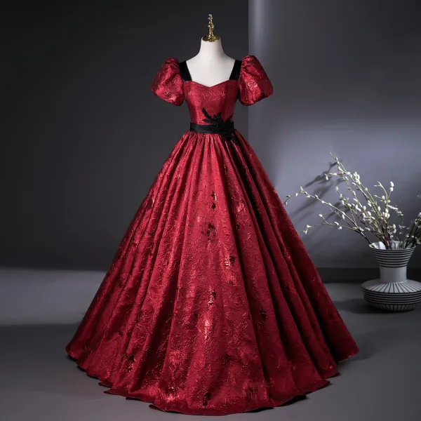 Demure Burgundy Beading Lace Flower Printing Prom Dresses Ball Gown 2025 Square Neckline Puffy Short Sleeve Backless Floor-Length / Long Prom Formal Dresses