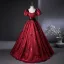 Demure Burgundy Beading Lace Flower Printing Prom Dresses Ball Gown 2025 Square Neckline Puffy Short Sleeve Backless Floor-Length / Long Prom Formal Dresses