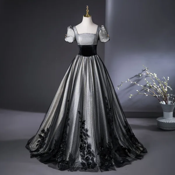 Elegant Black Silver Lace Flower Prom Dresses 2025 Ball Gown Square Neckline Puffy Short Sleeve Backless Floor-Length / Long Prom Formal Dresses