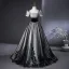 Elegant Black Silver Lace Flower Prom Dresses 2025 Ball Gown Square Neckline Puffy Short Sleeve Backless Floor-Length / Long Prom Formal Dresses
