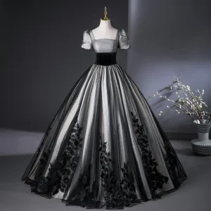 Élégant Noire Argenté En Dentelle Fleur Robe De Bal 2025 Robe Boule Encolure Carrée Gonflée Manches Courtes Dos Nu Longue Promo Robe De Ceremonie