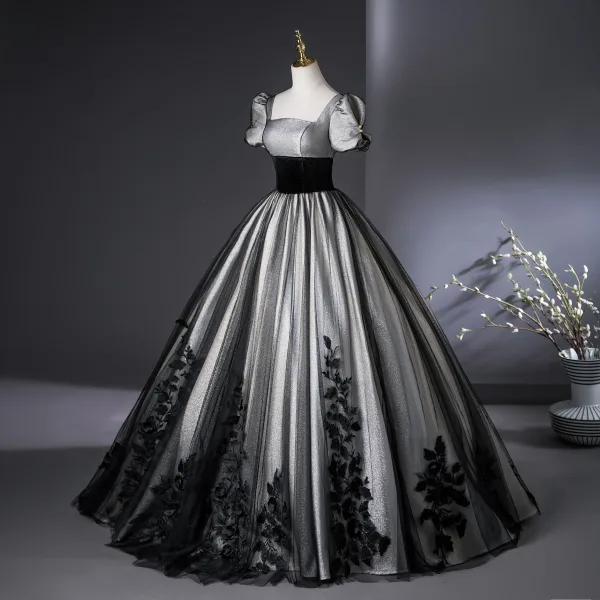 Elegant Black Silver Lace Flower Prom Dresses 2025 Ball Gown Square Neckline Puffy Short Sleeve Backless Floor-Length / Long Prom Formal Dresses
