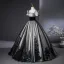 Elegant Black Silver Lace Flower Prom Dresses 2025 Ball Gown Square Neckline Puffy Short Sleeve Backless Floor-Length / Long Prom Formal Dresses