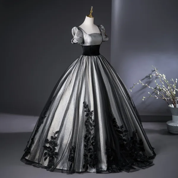 Elegant Black Silver Lace Flower Prom Dresses 2025 Ball Gown Square Neckline Puffy Short Sleeve Backless Floor-Length / Long Prom Formal Dresses