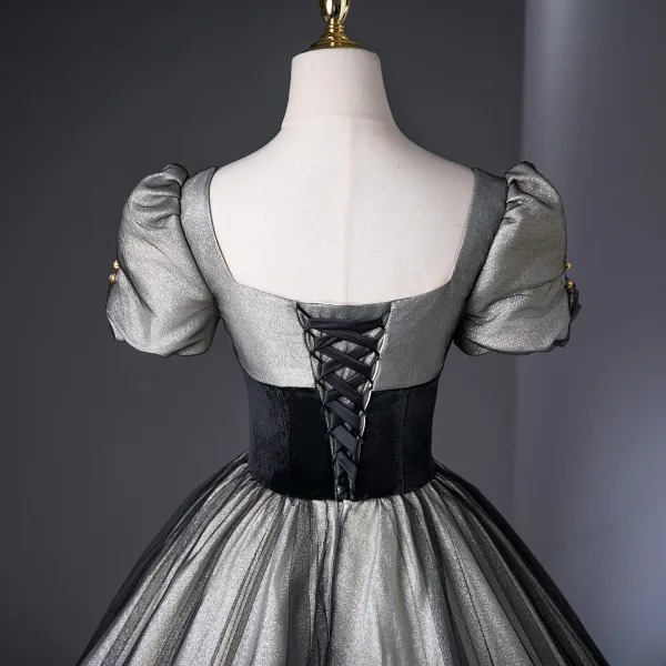 Elegant Black Silver Lace Flower Prom Dresses 2025 Ball Gown Square Neckline Puffy Short Sleeve Backless Floor-Length / Long Prom Formal Dresses