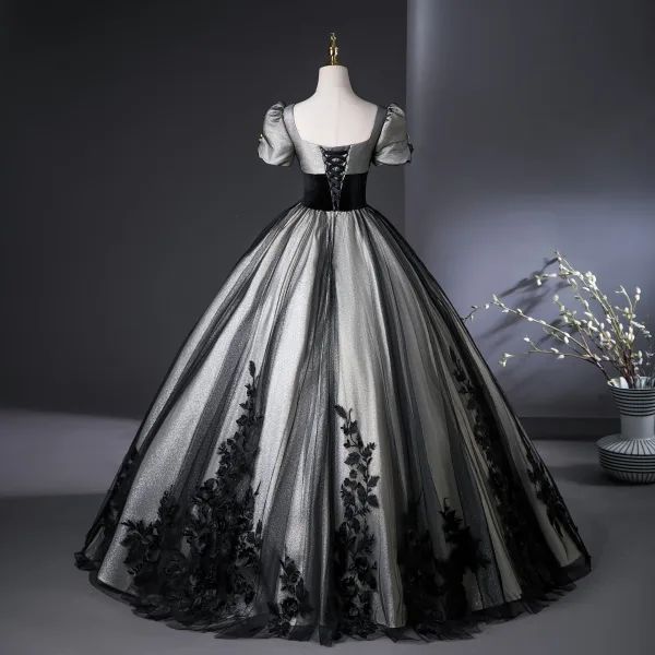 Elegant Black Silver Lace Flower Prom Dresses 2025 Ball Gown Square Neckline Puffy Short Sleeve Backless Floor-Length / Long Prom Formal Dresses