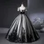 Elegant Black Silver Lace Flower Prom Dresses 2025 Ball Gown Square Neckline Puffy Short Sleeve Backless Floor-Length / Long Prom Formal Dresses