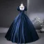 Demure Navy Blue Satin Prom Dresses 2025 Ball Gown Square Neckline Puffy Short Sleeve Backless Bow Sash Floor-Length / Long Prom Formal Dresses