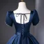 Demure Navy Blue Satin Prom Dresses 2025 Ball Gown Square Neckline Puffy Short Sleeve Backless Bow Sash Floor-Length / Long Prom Formal Dresses