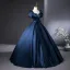 Demure Navy Blue Satin Prom Dresses 2025 Ball Gown Square Neckline Puffy Short Sleeve Backless Bow Sash Floor-Length / Long Prom Formal Dresses