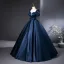 Demure Navy Blue Satin Prom Dresses 2025 Ball Gown Square Neckline Puffy Short Sleeve Backless Bow Sash Floor-Length / Long Prom Formal Dresses