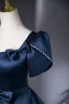 Demure Navy Blue Satin Prom Dresses 2025 Ball Gown Square Neckline Puffy Short Sleeve Backless Bow Sash Floor-Length / Long Prom Formal Dresses