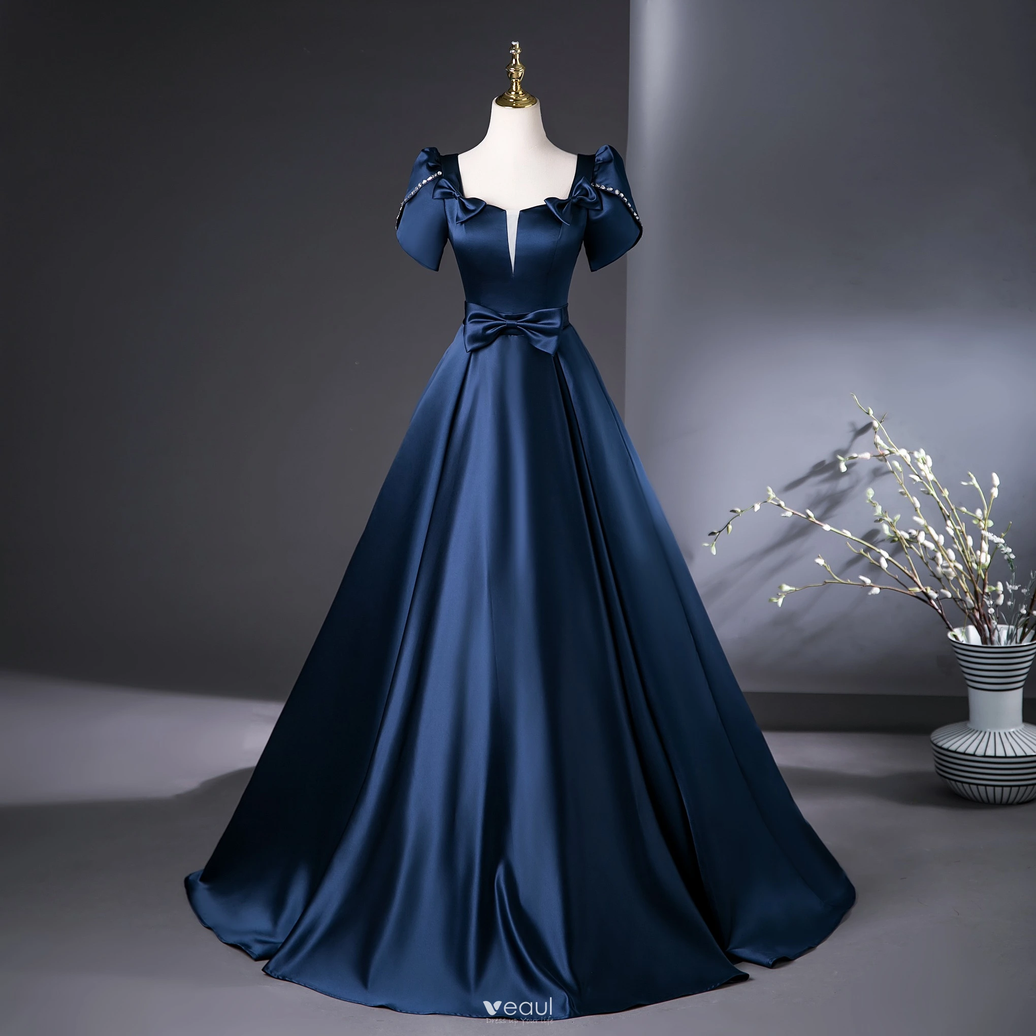 Demure Navy Blue Satin Prom Dresses 2025 Ball Gown Square Neckline Puffy Short Sleeve Backless Bow Sash Floor Length Long Prom Formal Dresses Demure Navy Blue Satin Prom Dresses 2025 Ball Gown Square Neckline Puffy Short Sleeve Backless Bow Sash Floor Length Long Prom Formal Dresses