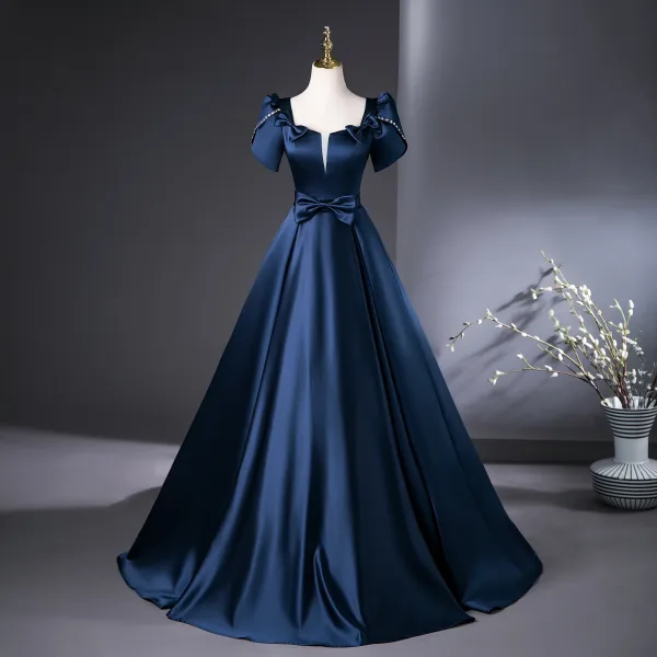 Demure Navy Blue Satin Prom Dresses 2025 Ball Gown Square Neckline Puffy Short Sleeve