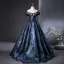 Vintage / Retro Navy Blue Rhinestone Printing Satin Prom Dresses 2025 Ball Gown Off-The-Shoulder Short Sleeve Backless Floor-Length / Long Prom Formal Dresses