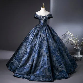 Vintage Marineblau Strass Drucken Satin Ballkleider 2025 Ballkleid Off Shoulder Kurze Ärmel Rückenfreies Lange Ball Festliche Kleider