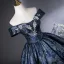 Vintage / Retro Navy Blue Rhinestone Printing Satin Prom Dresses 2025 Ball Gown Off-The-Shoulder Short Sleeve Backless Floor-Length / Long Prom Formal Dresses