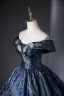 Vintage / Retro Navy Blue Rhinestone Printing Satin Prom Dresses 2025 Ball Gown Off-The-Shoulder Short Sleeve Backless Floor-Length / Long Prom Formal Dresses