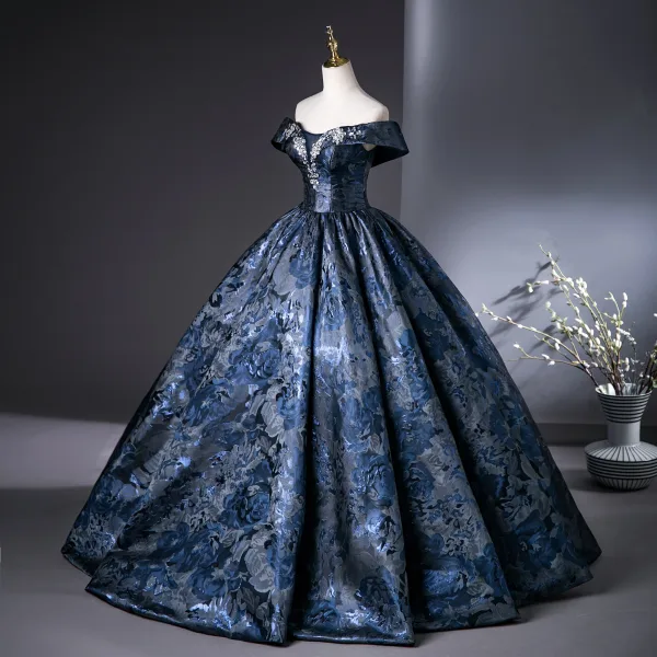 Vintage / Retro Navy Blue Rhinestone Printing Satin Prom Dresses 2025 Ball Gown Off-The-Shoulder Short Sleeve Backless Floor-Length / Long Prom Formal Dresses