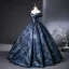 Vintage / Retro Navy Blue Rhinestone Printing Satin Prom Dresses 2025 Ball Gown Off-The-Shoulder Short Sleeve Backless Floor-Length / Long Prom Formal Dresses