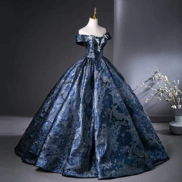 Vintage / Retro Navy Blue Rhinestone Printing Satin Prom Dresses 2025 Ball Gown Off-The-Shoulder Short Sleeve Backless Floor-Length / Long Prom Formal Dresses