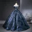 Vintage / Retro Navy Blue Rhinestone Printing Satin Prom Dresses 2025 Ball Gown Off-The-Shoulder Short Sleeve Backless Floor-Length / Long Prom Formal Dresses