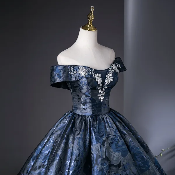 Vintage / Retro Navy Blue Rhinestone Printing Satin Prom Dresses 2025 Ball Gown Off-The-Shoulder Short Sleeve Backless Floor-Length / Long Prom Formal Dresses