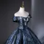 Vintage / Retro Navy Blue Rhinestone Printing Satin Prom Dresses 2025 Ball Gown Off-The-Shoulder Short Sleeve Backless Floor-Length / Long Prom Formal Dresses