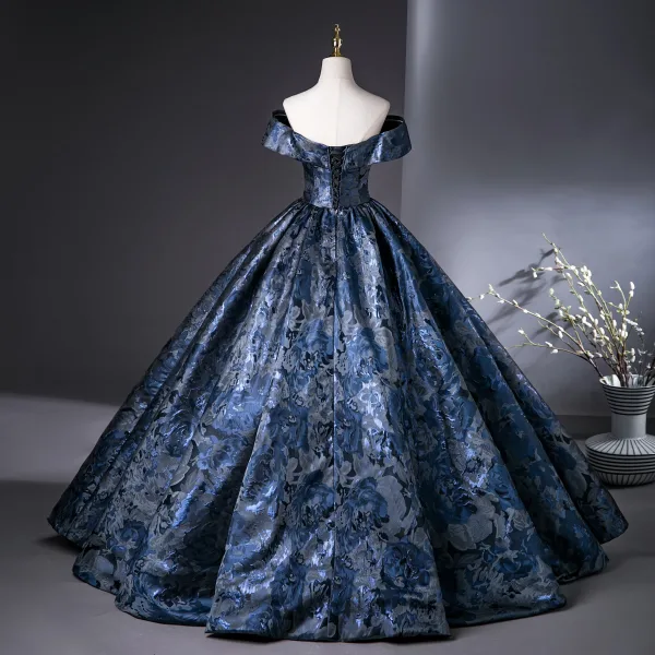 Vintage / Retro Navy Blue Rhinestone Printing Satin Prom Dresses 2025 Ball Gown Off-The-Shoulder Short Sleeve Backless Floor-Length / Long Prom Formal Dresses