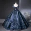 Vintage / Retro Navy Blue Rhinestone Printing Satin Prom Dresses 2025 Ball Gown Off-The-Shoulder Short Sleeve Backless Floor-Length / Long Prom Formal Dresses