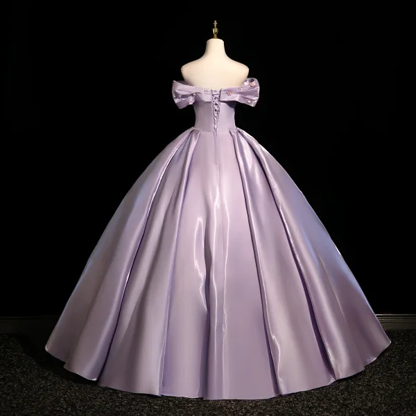 Vintage / Retro Purple Appliques Satin Prom Dresses 2025 Ball Gown Off-The-Shoulder Short Sleeve Backless Floor-Length / Long Formal Dresses