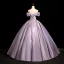 Vintage / Retro Purple Appliques Satin Prom Dresses 2025 Ball Gown Off-The-Shoulder Short Sleeve Backless Floor-Length / Long Formal Dresses