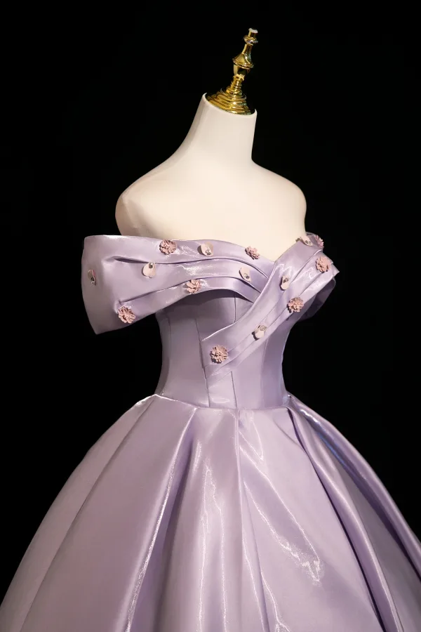 Vintage / Retro Purple Appliques Satin Prom Dresses 2025 Ball Gown Off-The-Shoulder Short Sleeve Backless Floor-Length / Long Formal Dresses