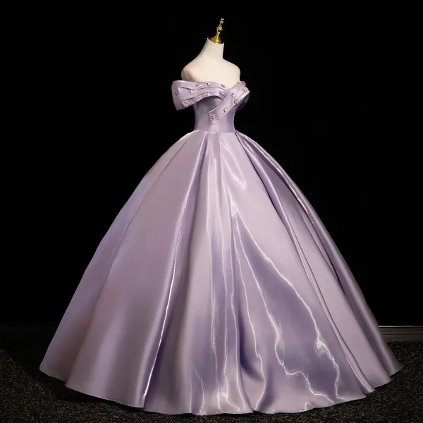 Vintage / Retro Purple Appliques Satin Prom Dresses 2025 Ball Gown Off-The-Shoulder Short Sleeve Backless Floor-Length / Long Formal Dresses