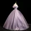 Vintage / Retro Purple Appliques Satin Prom Dresses 2025 Ball Gown Off-The-Shoulder Short Sleeve Backless Floor-Length / Long Formal Dresses