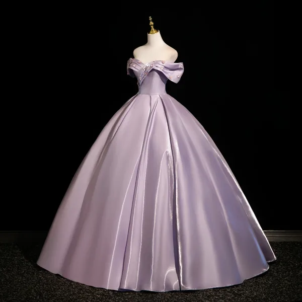 Vintage / Retro Purple Appliques Satin Prom Dresses 2025 Ball Gown Off-The-Shoulder Short Sleeve Backless Floor-Length / Long Formal Dresses