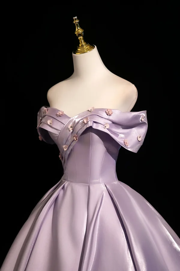 Vintage / Retro Purple Appliques Satin Prom Dresses 2025 Ball Gown Off-The-Shoulder Short Sleeve Backless Floor-Length / Long Formal Dresses