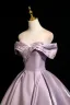 Vintage / Retro Purple Appliques Satin Prom Dresses 2025 Ball Gown Off-The-Shoulder Short Sleeve Backless Floor-Length / Long Formal Dresses