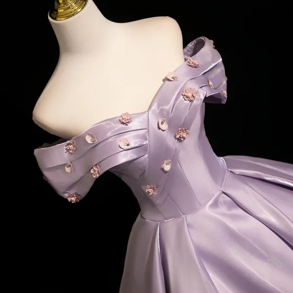 Vintage / Retro Purple Appliques Satin Prom Dresses 2025 Ball Gown Off-The-Shoulder Short Sleeve Backless Floor-Length / Long Formal Dresses