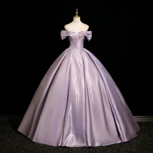Vintage Retro Purple Appliques Satin Prom Dresses 2025 Ball Gown Off The Shoulder Short Sleeve Backless Floor Length Long Formal Dresses