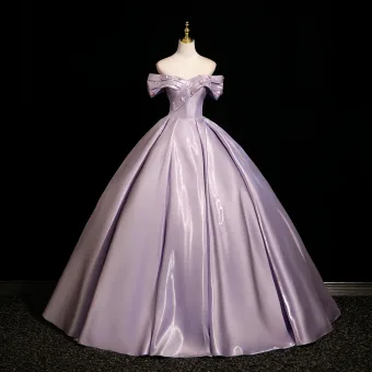 Vintage Originale Violet Appliques Satin Robe De Bal 2025 Robe Boule De L Épaule Manches Courtes Dos Nu Longue Robe De Ceremonie