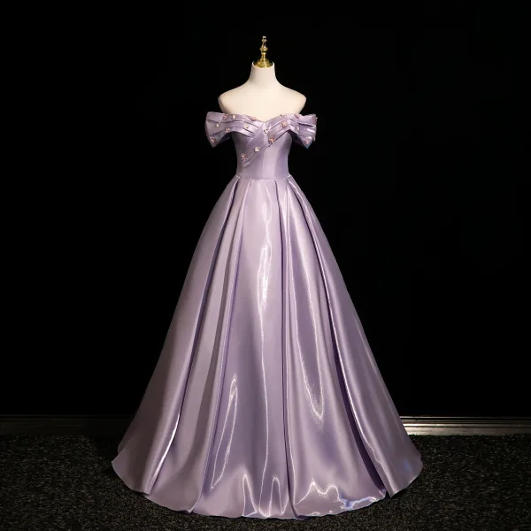 Vintage / Retro Purple Appliques Satin Prom Dresses 2025 Ball Gown Off-The-Shoulder Short Sleeve Backless Floor-Length / Long Formal Dresses