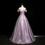 Vintage / Retro Purple Appliques Satin Prom Dresses 2025 Ball Gown Off-The-Shoulder Short Sleeve Backless Floor-Length / Long Formal Dresses