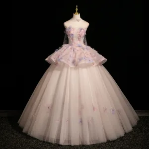 Blomsterfe Rødmende Rosa Perle Appliques Ballkjoler 2025 Ballkjole Strapless Uten Ermer Ryggløse Lange Formelle Kjoler