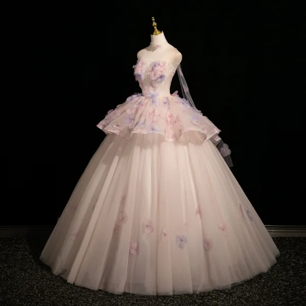 Blumenfee Rosa Perle Applikationen Ballkleider 2025 Ballkleid Bandeau Ärmellos Rückenfreies Lange Festliche Kleider