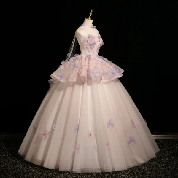 Blumenfee Rosa Perle Applikationen Ballkleider 2025 Ballkleid Bandeau Ärmellos Rückenfreies Lange Festliche Kleider