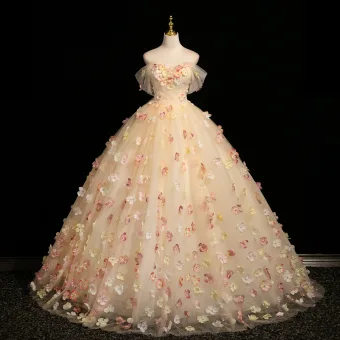 Fée Des Fleurs Champagne Perle Appliques Robe De Bal 2025 Robe Boule De L Épaule Manches Courtes Dos Nu Train De Balayage Robe De Ceremonie